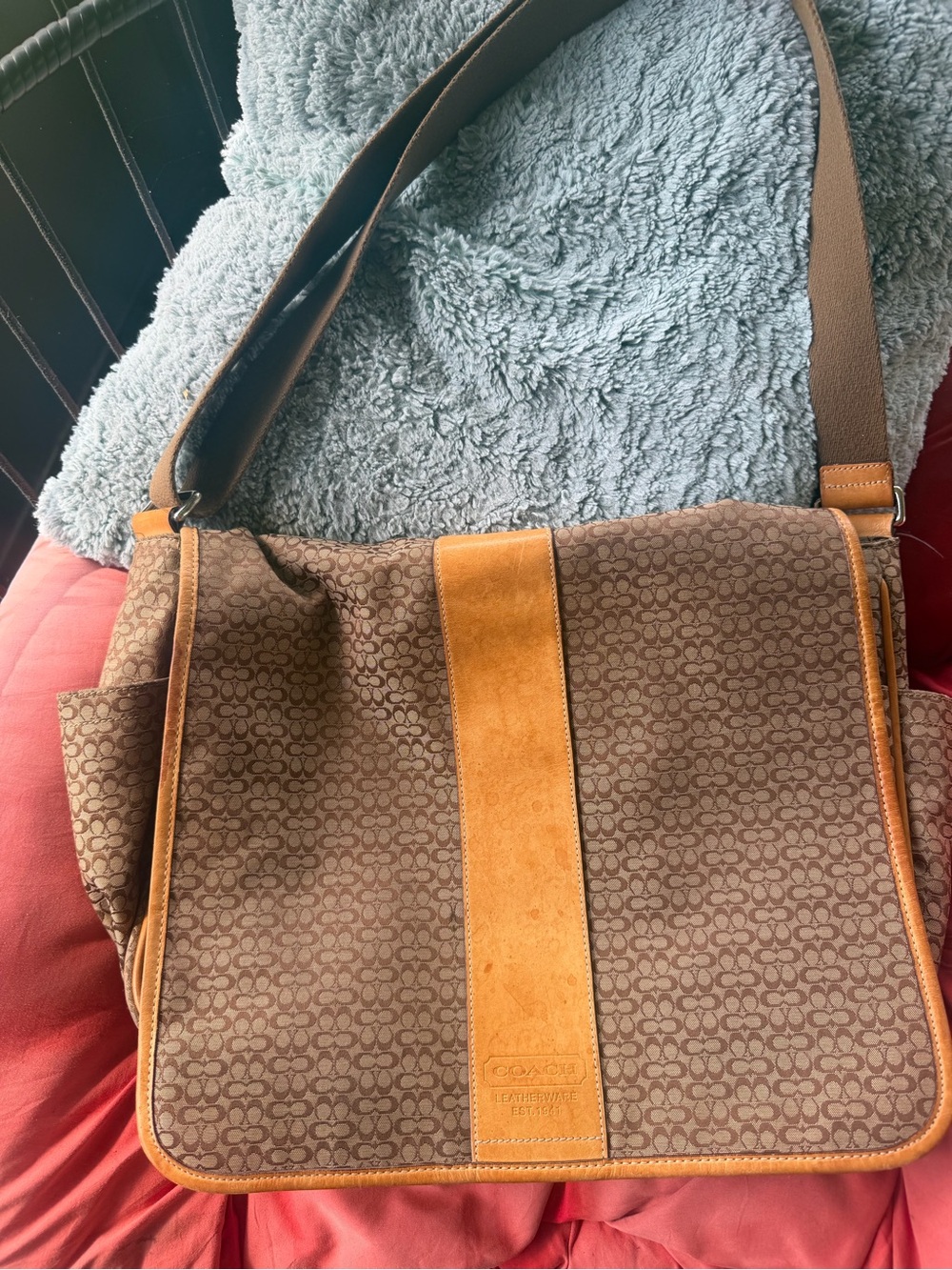 Coach Brown Signature Canvas Messenger with Tan Leather Stripe